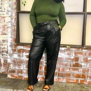 Vegan Leather Trousers in black with high waist. Women’s sizes s, m, l, and xl.